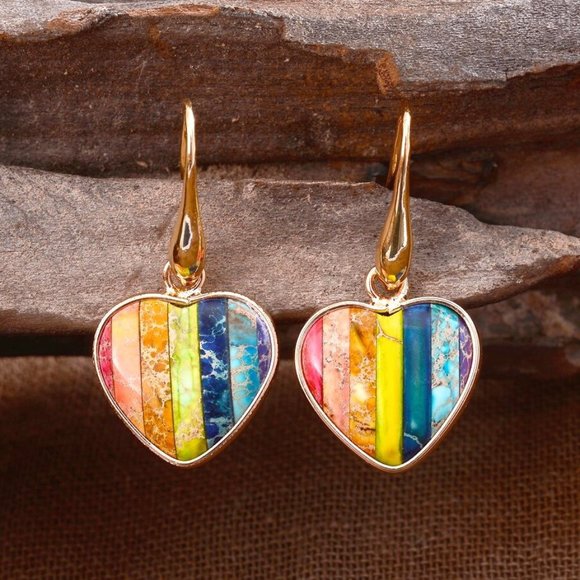 7 Chakra Sea Sediment Women Heart Shape Reiki Anxiety Relief Drop Earrings Gifts - Picture 1 of 2